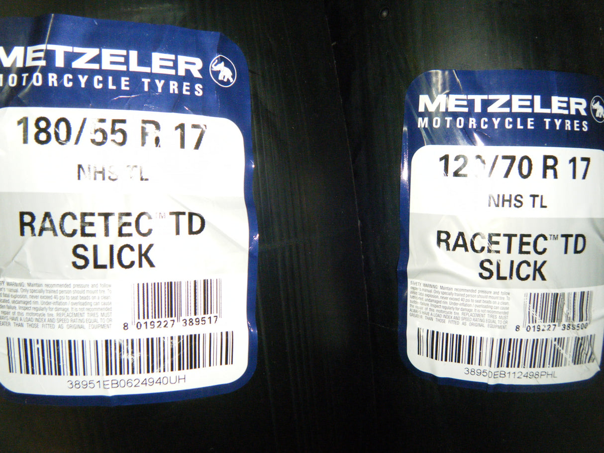Metzeler Track Day slicks. 120/70 x 17 and 180/55 x 17. rrp $698. Your price $555