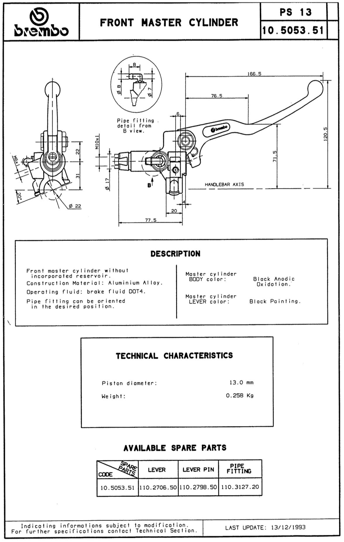 Brembo RCS 16 x 18mm Radial brake master cylinder. RCS16