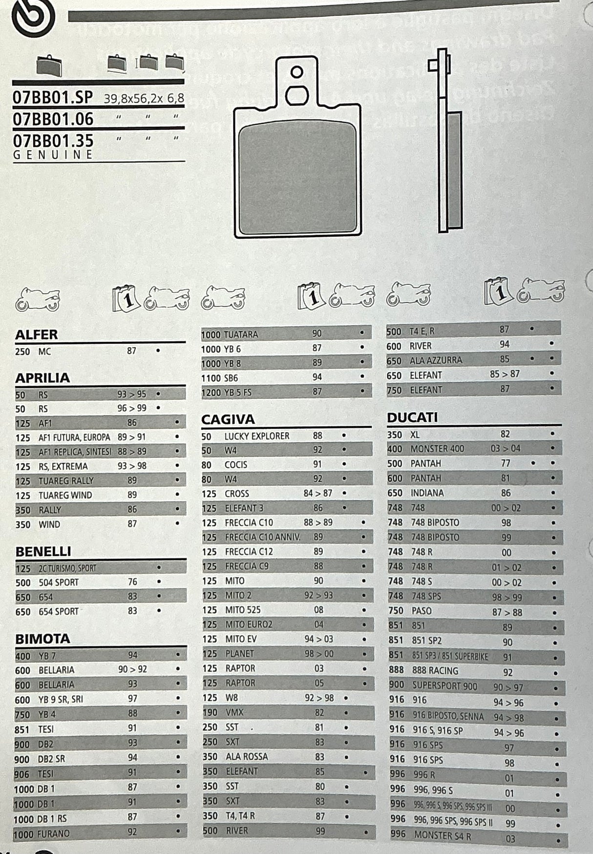 Brembo F05 brake pads. Suit Guzzi, Cagiva, KTM, Ducati, Moto Morini. Pantah 500, F 05 pad, BR P07BB0106
