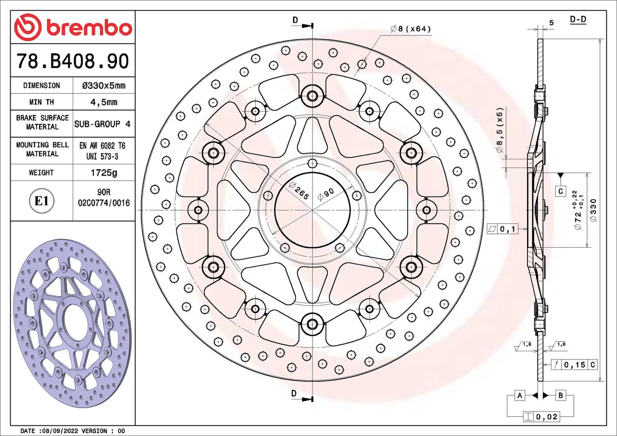 Brembo 330mm disc. Ducati 1098-1198, Panigale, Panigale V4. Multistrada V4 +
